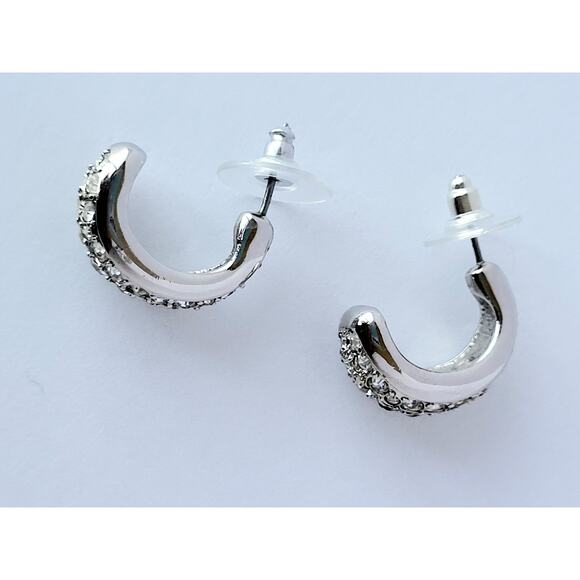 Genuine Swarovski Crystal Half Hoop Earrings Pierced Silver Tone Signed - Picture 2 of 5